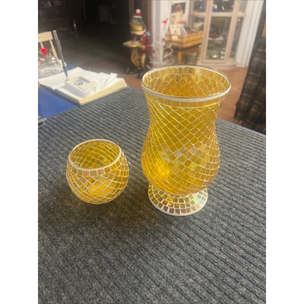 Yellow Mosaic Glass Hurricane Vase and Votive Set EUC Vintage Decor